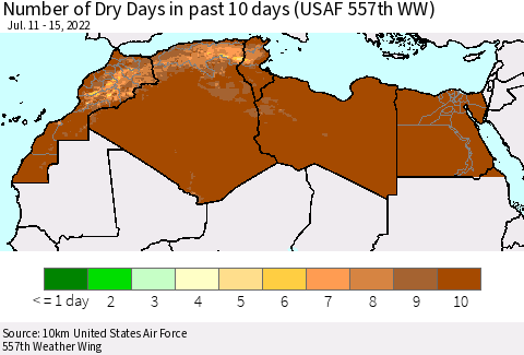North Africa Number of Dry Days in past 10 days (USAF 557th WW) Thematic Map For 7/11/2022 - 7/15/2022