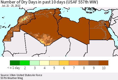 North Africa Number of Dry Days in past 10 days (USAF 557th WW) Thematic Map For 7/21/2022 - 7/25/2022