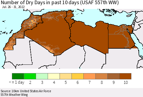 North Africa Number of Dry Days in past 10 days (USAF 557th WW) Thematic Map For 7/26/2022 - 7/31/2022