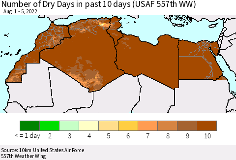 North Africa Number of Dry Days in past 10 days (USAF 557th WW) Thematic Map For 8/1/2022 - 8/5/2022