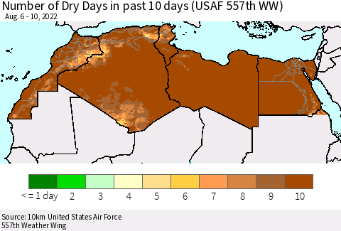 North Africa Number of Dry Days in past 10 days (USAF 557th WW) Thematic Map For 8/6/2022 - 8/10/2022