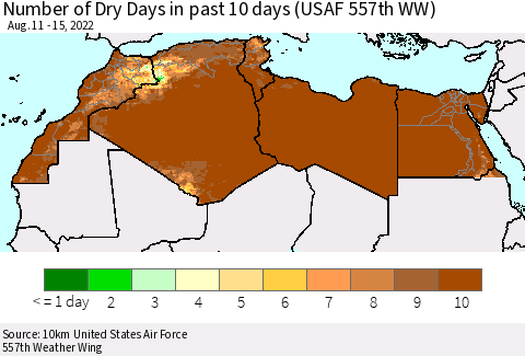 North Africa Number of Dry Days in past 10 days (USAF 557th WW) Thematic Map For 8/11/2022 - 8/15/2022