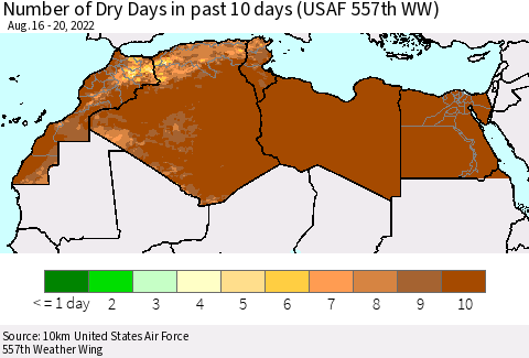 North Africa Number of Dry Days in past 10 days (USAF 557th WW) Thematic Map For 8/16/2022 - 8/20/2022