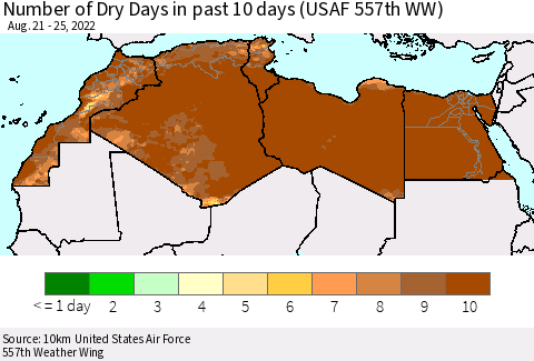 North Africa Number of Dry Days in past 10 days (USAF 557th WW) Thematic Map For 8/21/2022 - 8/25/2022