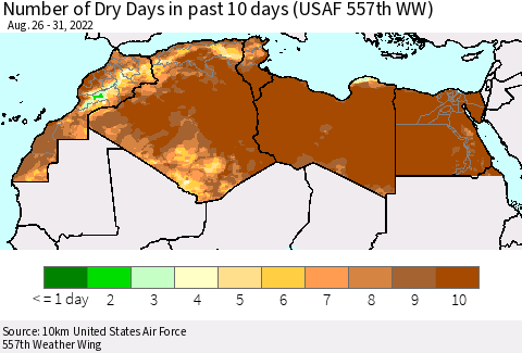 North Africa Number of Dry Days in past 10 days (USAF 557th WW) Thematic Map For 8/26/2022 - 8/31/2022