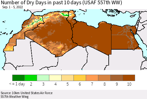 North Africa Number of Dry Days in past 10 days (USAF 557th WW) Thematic Map For 9/1/2022 - 9/5/2022