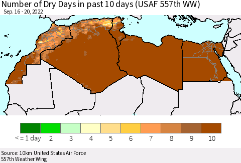 North Africa Number of Dry Days in past 10 days (USAF 557th WW) Thematic Map For 9/16/2022 - 9/20/2022