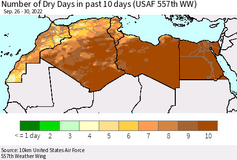 North Africa Number of Dry Days in past 10 days (USAF 557th WW) Thematic Map For 9/26/2022 - 9/30/2022