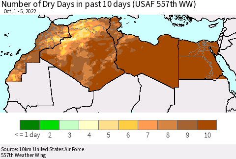 North Africa Number of Dry Days in past 10 days (USAF 557th WW) Thematic Map For 10/1/2022 - 10/5/2022