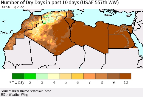 North Africa Number of Dry Days in past 10 days (USAF 557th WW) Thematic Map For 10/6/2022 - 10/10/2022