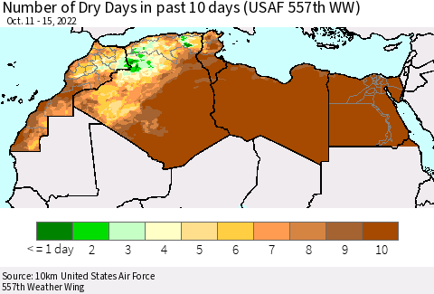 North Africa Number of Dry Days in past 10 days (USAF 557th WW) Thematic Map For 10/11/2022 - 10/15/2022