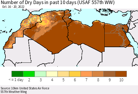 North Africa Number of Dry Days in past 10 days (USAF 557th WW) Thematic Map For 10/16/2022 - 10/20/2022