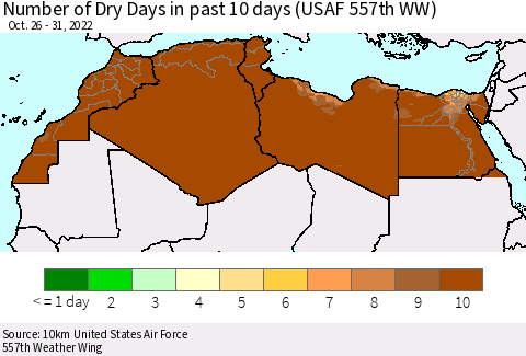 North Africa Number of Dry Days in past 10 days (USAF 557th WW) Thematic Map For 10/26/2022 - 10/31/2022