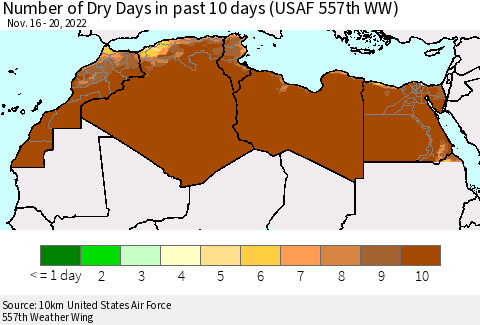 North Africa Number of Dry Days in past 10 days (USAF 557th WW) Thematic Map For 11/16/2022 - 11/20/2022