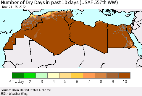 North Africa Number of Dry Days in past 10 days (USAF 557th WW) Thematic Map For 11/21/2022 - 11/25/2022