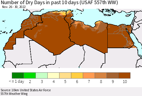 North Africa Number of Dry Days in past 10 days (USAF 557th WW) Thematic Map For 11/26/2022 - 11/30/2022