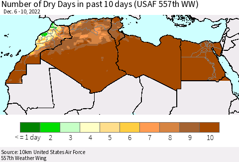 North Africa Number of Dry Days in past 10 days (USAF 557th WW) Thematic Map For 12/6/2022 - 12/10/2022