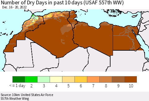 North Africa Number of Dry Days in past 10 days (USAF 557th WW) Thematic Map For 12/16/2022 - 12/20/2022