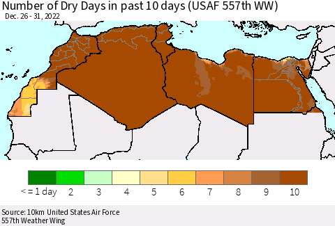 North Africa Number of Dry Days in past 10 days (USAF 557th WW) Thematic Map For 12/26/2022 - 12/31/2022