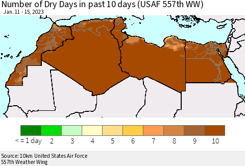 North Africa Number of Dry Days in past 10 days (USAF 557th WW) Thematic Map For 1/11/2023 - 1/15/2023