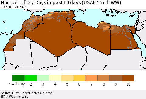 North Africa Number of Dry Days in past 10 days (USAF 557th WW) Thematic Map For 1/16/2023 - 1/20/2023