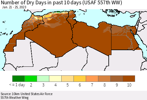 North Africa Number of Dry Days in past 10 days (USAF 557th WW) Thematic Map For 1/21/2023 - 1/25/2023