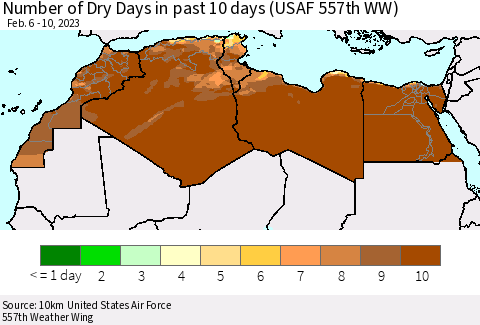 North Africa Number of Dry Days in past 10 days (USAF 557th WW) Thematic Map For 2/6/2023 - 2/10/2023