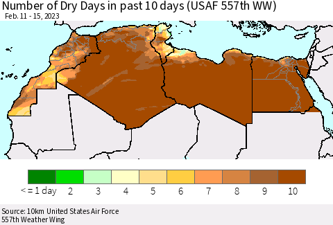 North Africa Number of Dry Days in past 10 days (USAF 557th WW) Thematic Map For 2/11/2023 - 2/15/2023