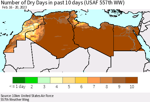 North Africa Number of Dry Days in past 10 days (USAF 557th WW) Thematic Map For 2/16/2023 - 2/20/2023