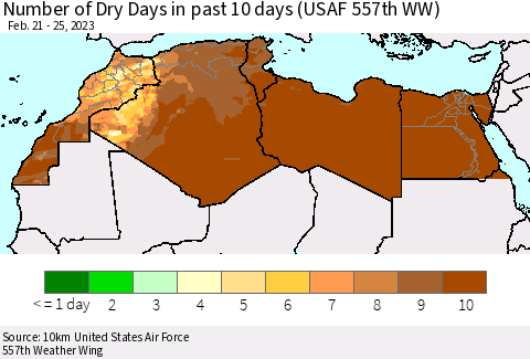 North Africa Number of Dry Days in past 10 days (USAF 557th WW) Thematic Map For 2/21/2023 - 2/25/2023