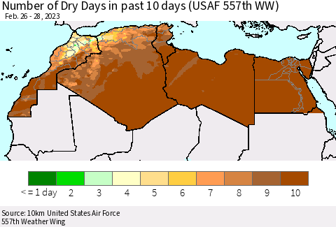 North Africa Number of Dry Days in past 10 days (USAF 557th WW) Thematic Map For 2/26/2023 - 2/28/2023