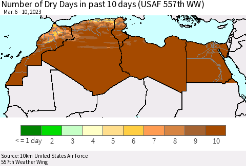North Africa Number of Dry Days in past 10 days (USAF 557th WW) Thematic Map For 3/6/2023 - 3/10/2023