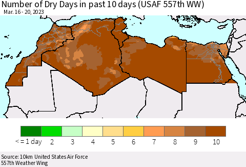 North Africa Number of Dry Days in past 10 days (USAF 557th WW) Thematic Map For 3/16/2023 - 3/20/2023