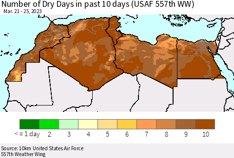 North Africa Number of Dry Days in past 10 days (USAF 557th WW) Thematic Map For 3/21/2023 - 3/25/2023