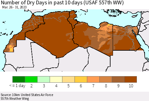 North Africa Number of Dry Days in past 10 days (USAF 557th WW) Thematic Map For 3/26/2023 - 3/31/2023