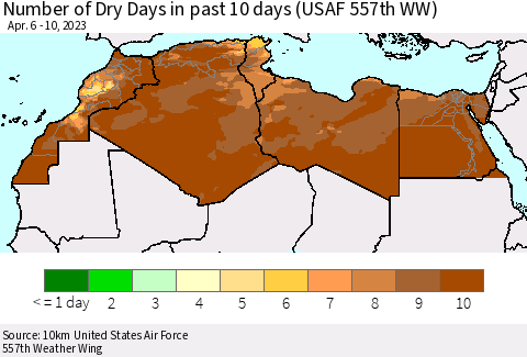 North Africa Number of Dry Days in past 10 days (USAF 557th WW) Thematic Map For 4/6/2023 - 4/10/2023