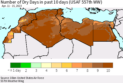 North Africa Number of Dry Days in past 10 days (USAF 557th WW) Thematic Map For 4/11/2023 - 4/15/2023