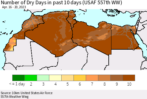 North Africa Number of Dry Days in past 10 days (USAF 557th WW) Thematic Map For 4/16/2023 - 4/20/2023