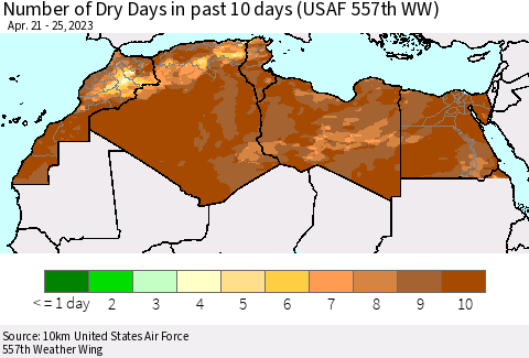 North Africa Number of Dry Days in past 10 days (USAF 557th WW) Thematic Map For 4/21/2023 - 4/25/2023