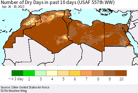 North Africa Number of Dry Days in past 10 days (USAF 557th WW) Thematic Map For 4/26/2023 - 4/30/2023