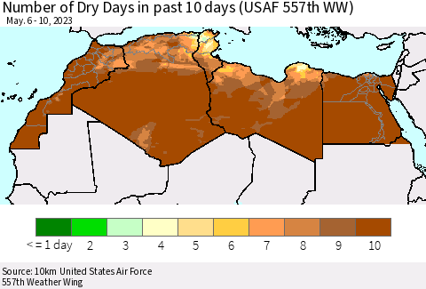 North Africa Number of Dry Days in past 10 days (USAF 557th WW) Thematic Map For 5/6/2023 - 5/10/2023