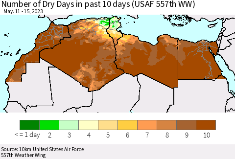 North Africa Number of Dry Days in past 10 days (USAF 557th WW) Thematic Map For 5/11/2023 - 5/15/2023