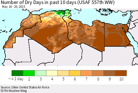 North Africa Number of Dry Days in past 10 days (USAF 557th WW) Thematic Map For 5/16/2023 - 5/20/2023