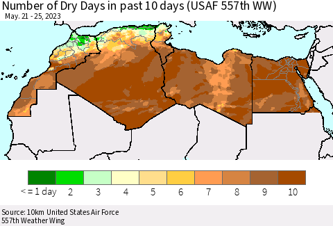 North Africa Number of Dry Days in past 10 days (USAF 557th WW) Thematic Map For 5/21/2023 - 5/25/2023