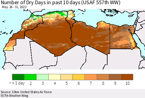 North Africa Number of Dry Days in past 10 days (USAF 557th WW) Thematic Map For 5/26/2023 - 5/31/2023