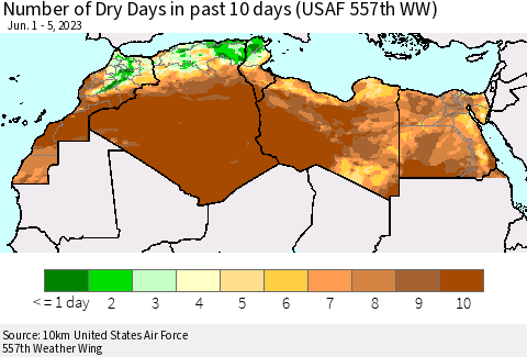 North Africa Number of Dry Days in past 10 days (USAF 557th WW) Thematic Map For 6/1/2023 - 6/5/2023