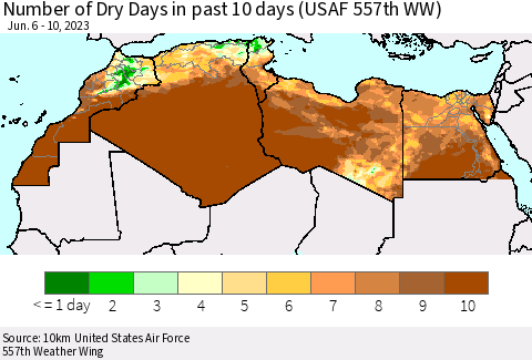 North Africa Number of Dry Days in past 10 days (USAF 557th WW) Thematic Map For 6/6/2023 - 6/10/2023