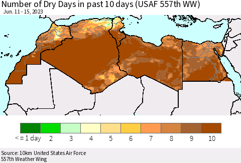 North Africa Number of Dry Days in past 10 days (USAF 557th WW) Thematic Map For 6/11/2023 - 6/15/2023