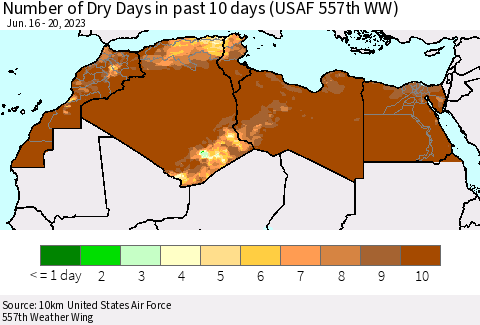 North Africa Number of Dry Days in past 10 days (USAF 557th WW) Thematic Map For 6/16/2023 - 6/20/2023