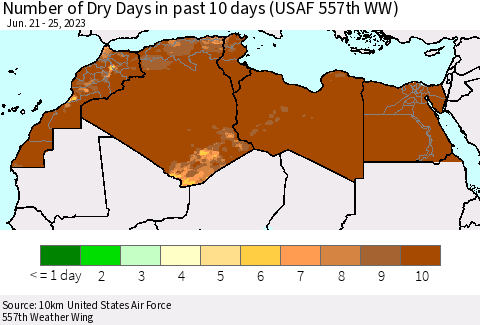 North Africa Number of Dry Days in past 10 days (USAF 557th WW) Thematic Map For 6/21/2023 - 6/25/2023